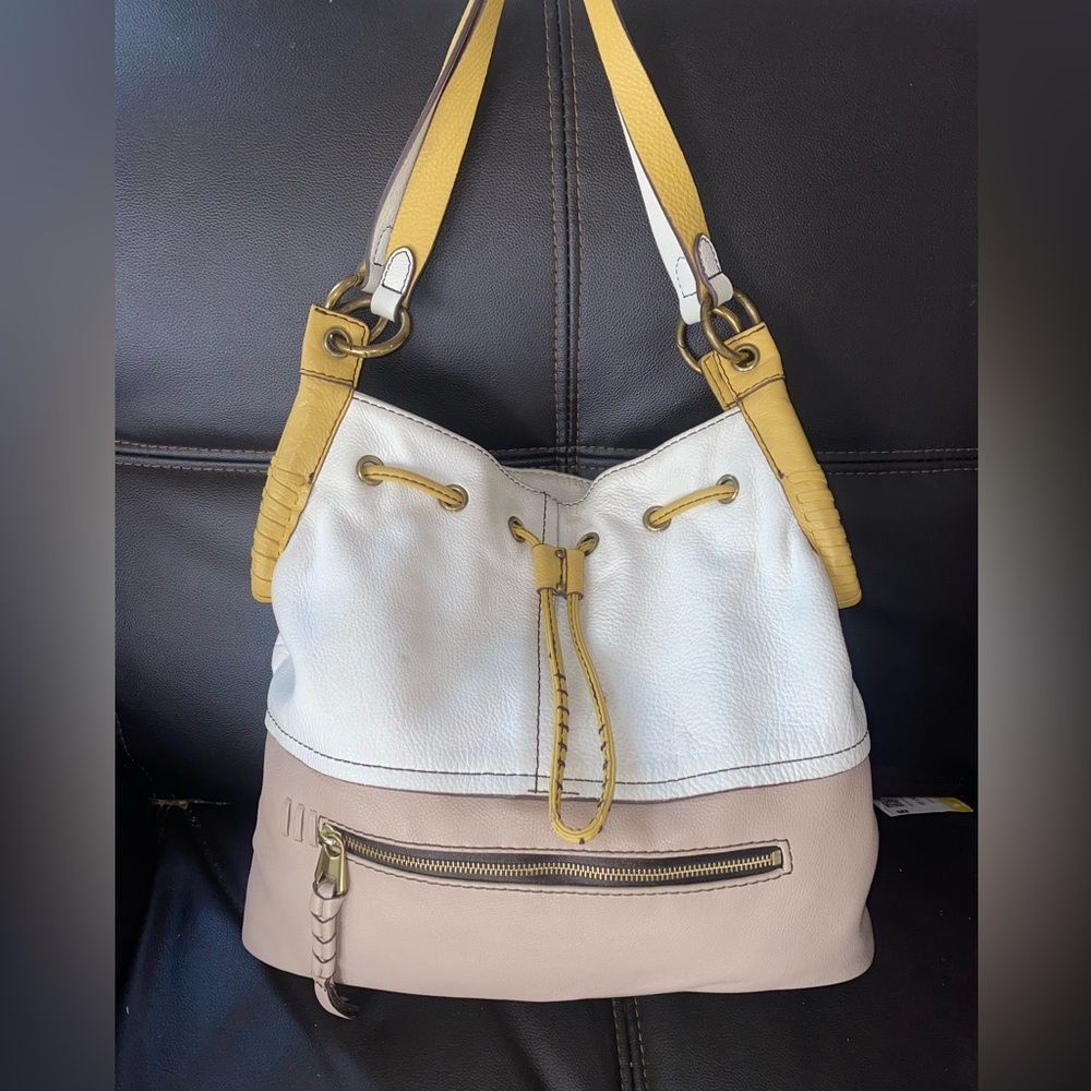 Oryany Sidney Yellow White Pebbled Leather Large Hobo Bag Tote Purse